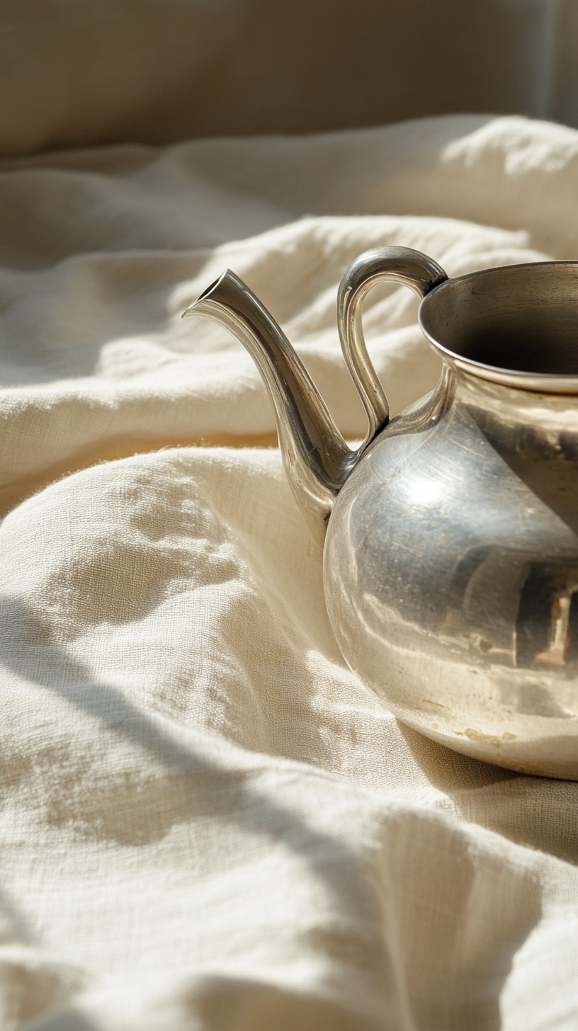 Antique silver pot with curved spout resting on crumpled cream linen in soft directional light, faint patina on the belly.