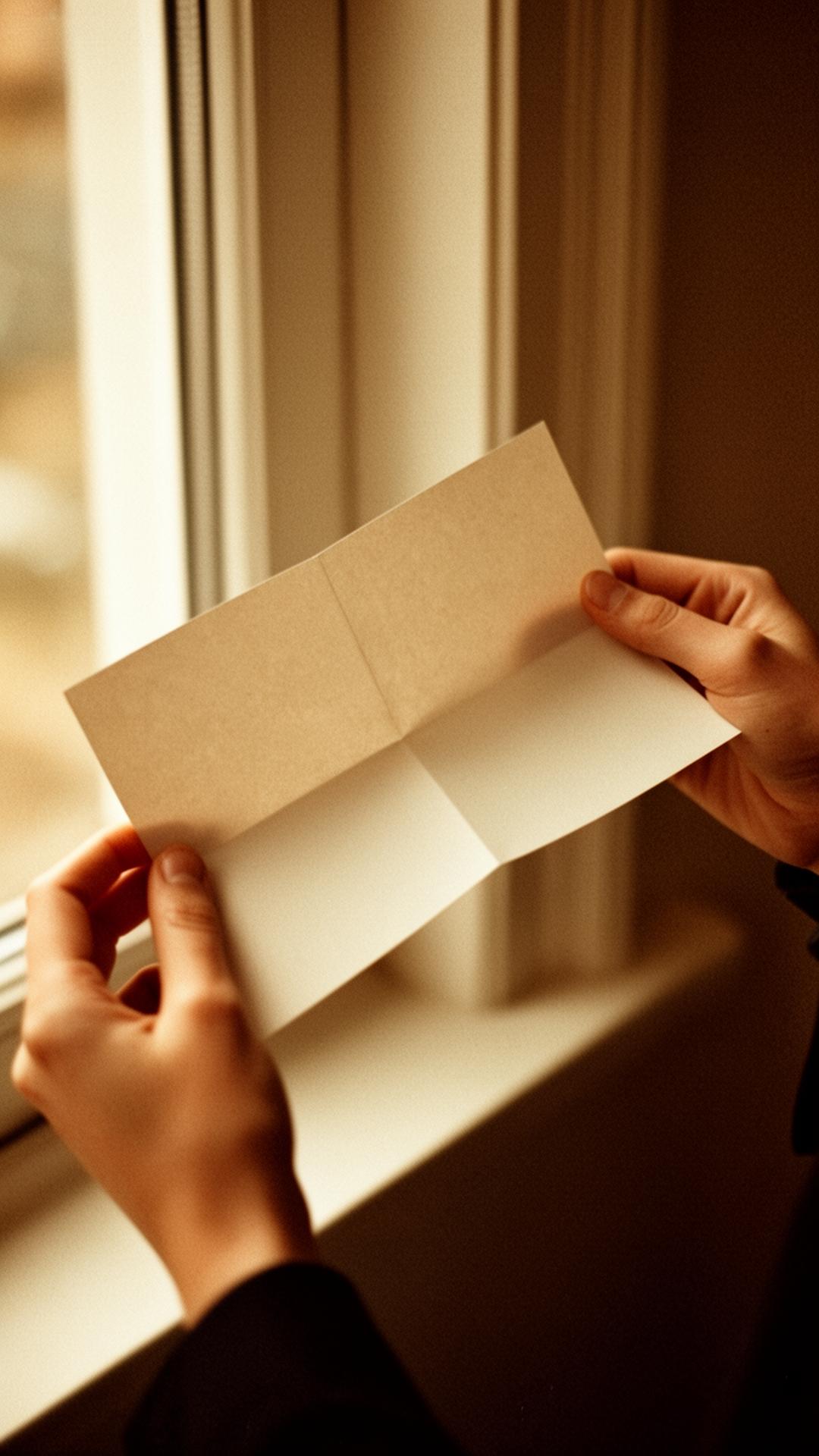 A pair of hands holding a folded sheet of cream paper in soft window light.