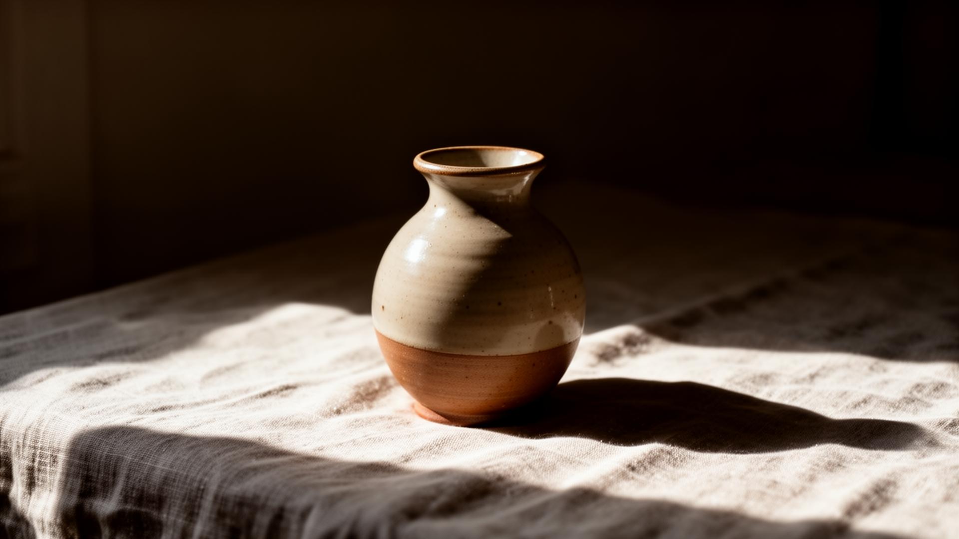 A small ceramic vessel on linen, lit from the side, deep shadow behind.