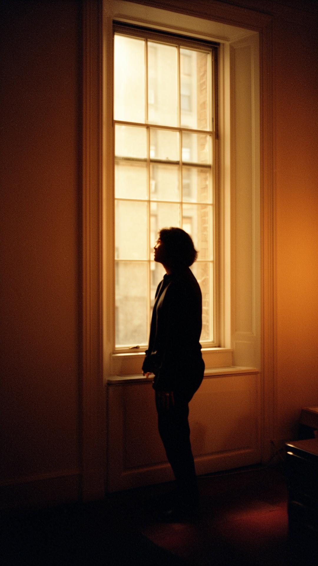 A silhouette of a person standing at a tall window in warm interior light.